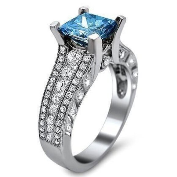 ✨ Beauty Pure Blue Zircon Princess Cut Three Layer Cubic Rings for Women, PD638 - Picture 2 of 5